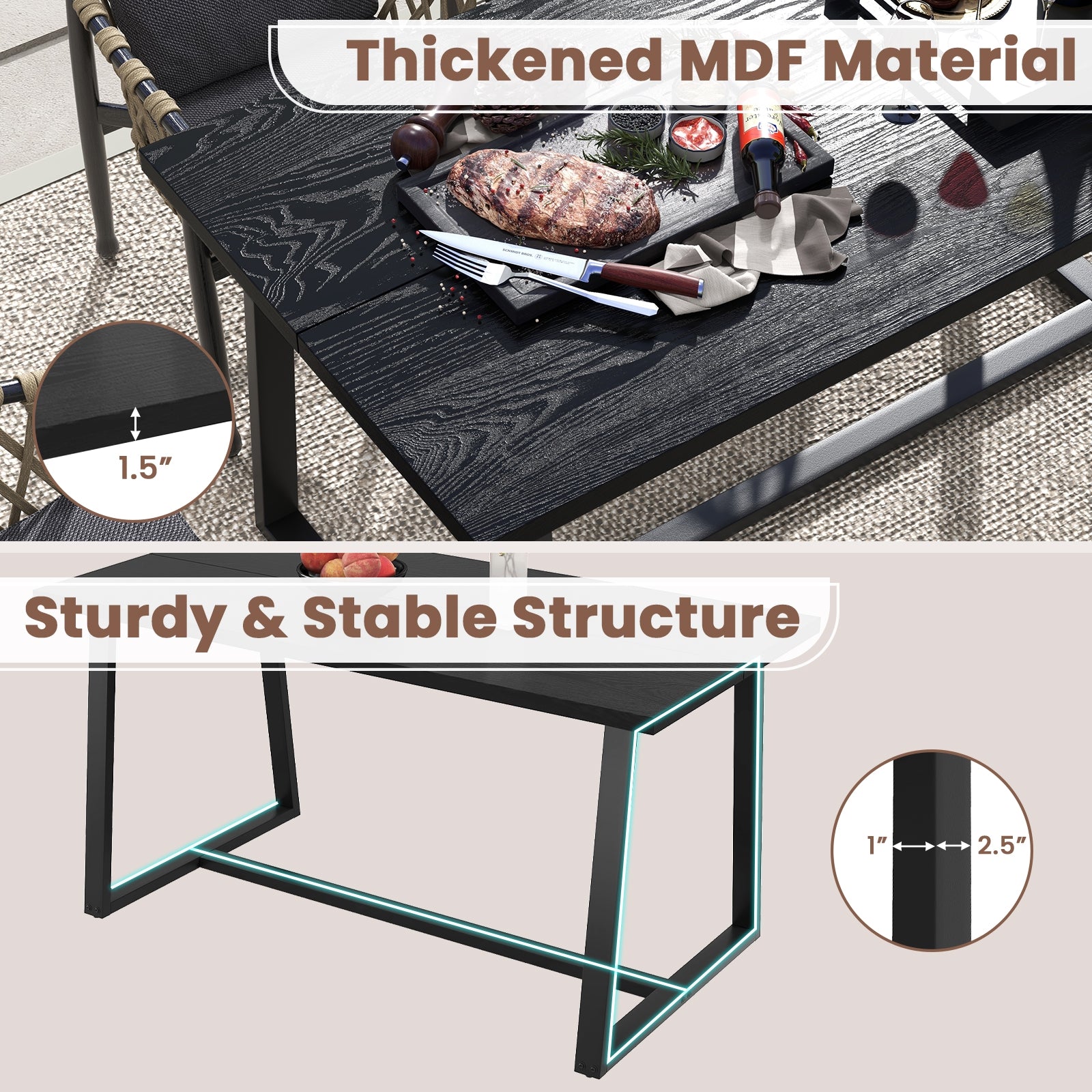 Large Dining Table with Heavy-duty Metal Frame and Anti-slip Foot Pads-Black