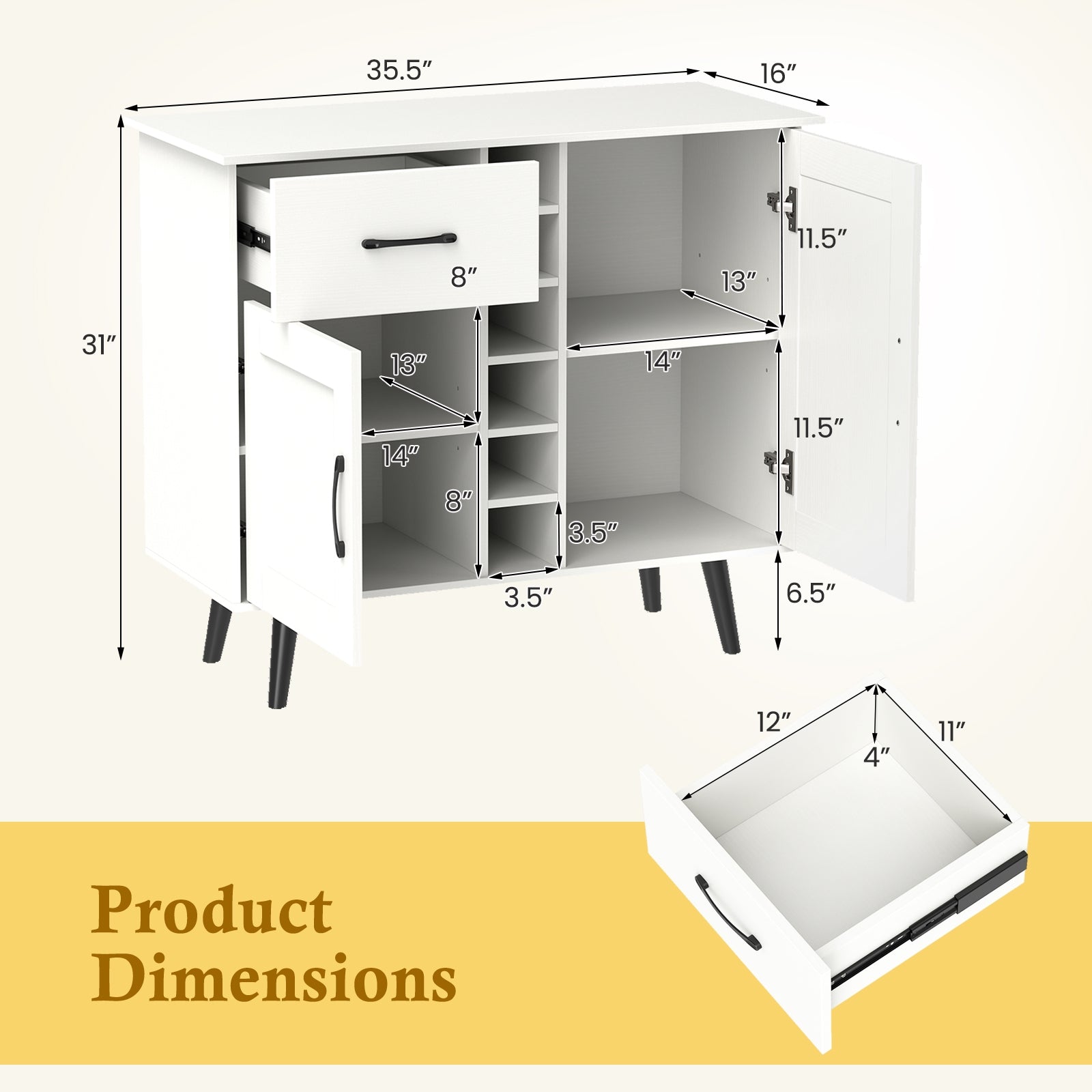 Modern Wine Bar Buffet Cabinet with 6-Bottle Wine Rack-White