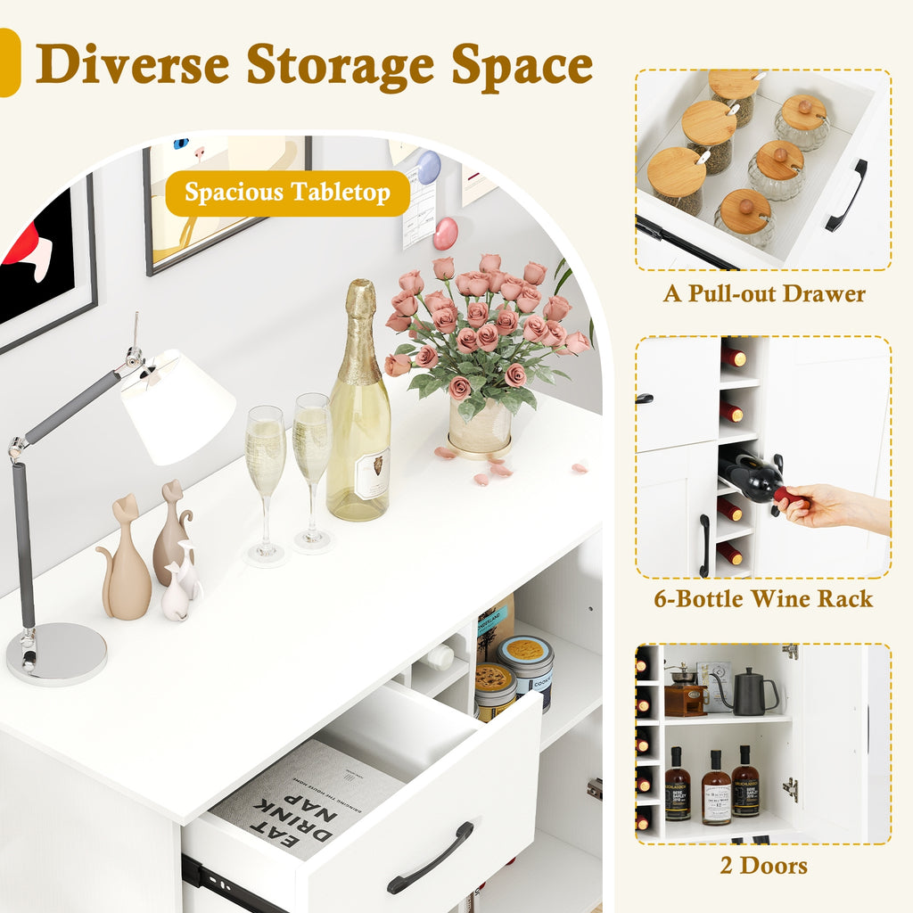 Modern Wine Bar Buffet Cabinet with 6-Bottle Wine Rack-White