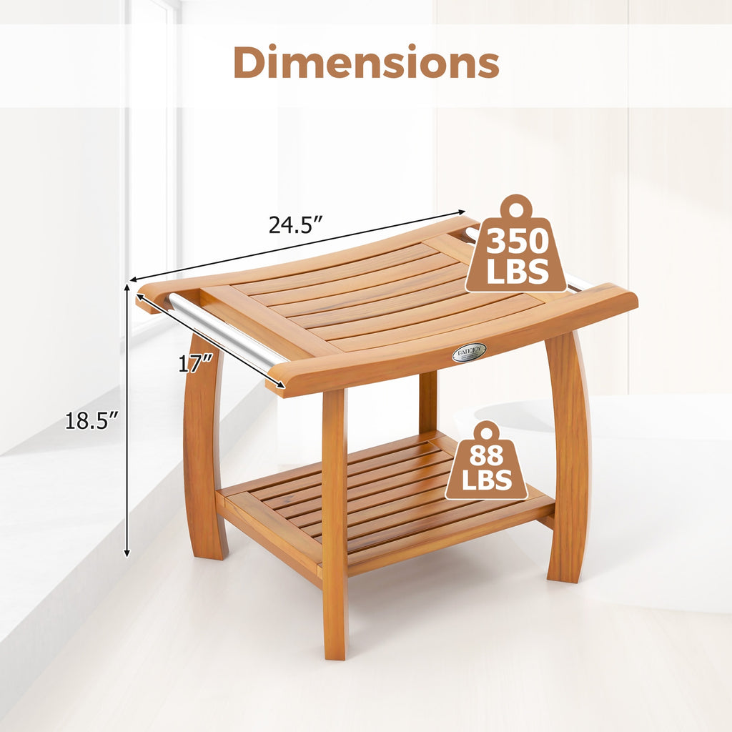 2-Tier Teak Wood Shower Bench Shower Stool with Curved Seat