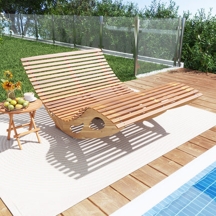 Slatted Acacia 2-Seat Patio Dual Rocker Sunbed Wood Lounger with Ergonomic Curved Seat