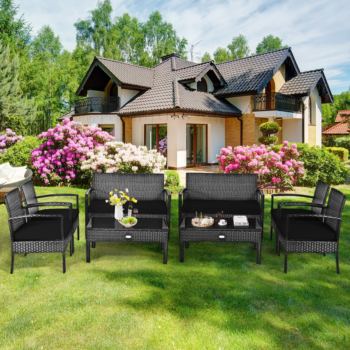 4 Pieces Patio Rattan Cushioned Furniture Set-Black