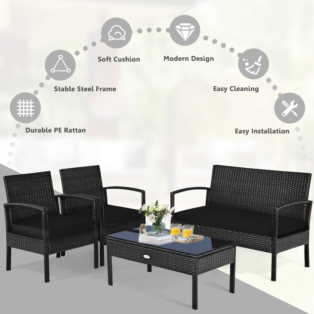 4 Pieces Patio Rattan Cushioned Furniture Set-Black