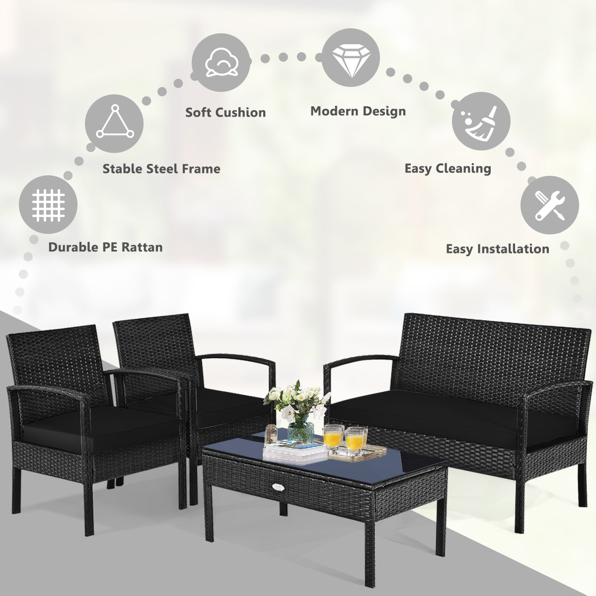 4 Pieces Patio Rattan Cushioned Furniture Set-Black