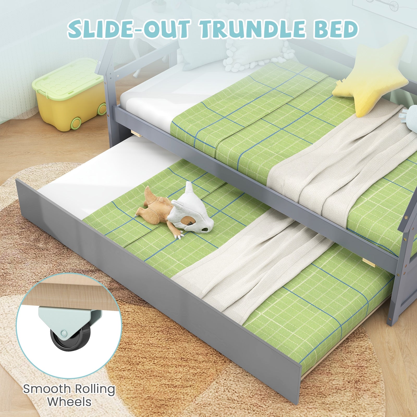 Twin Size House Bed with Trundle and Safety Guardrail-Gray