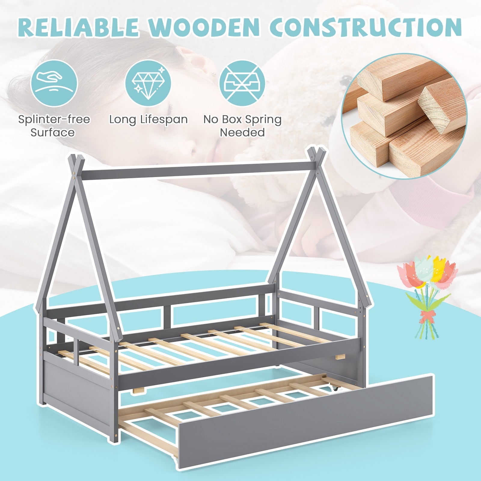 Twin Size House Bed with Trundle and Safety Guardrail-Gray