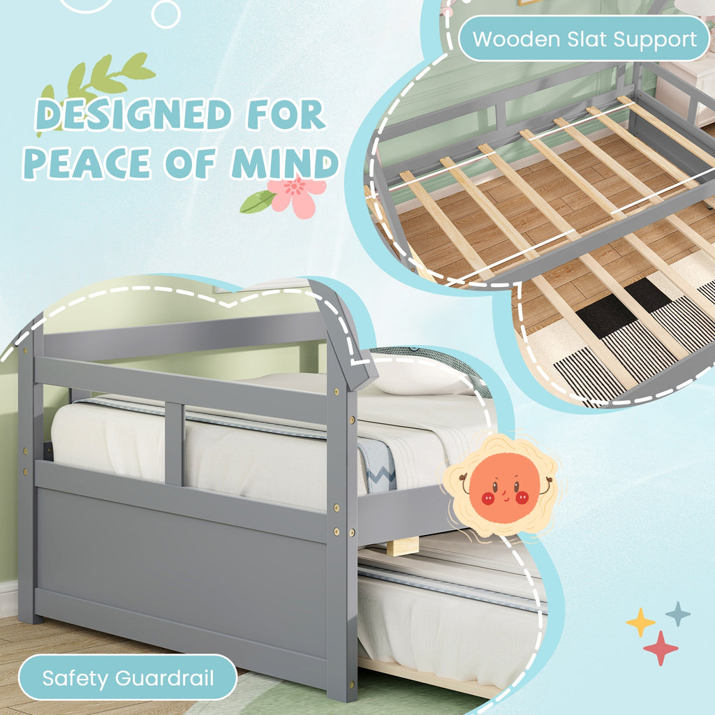 Twin Size House Bed with Trundle and Safety Guardrail-Gray