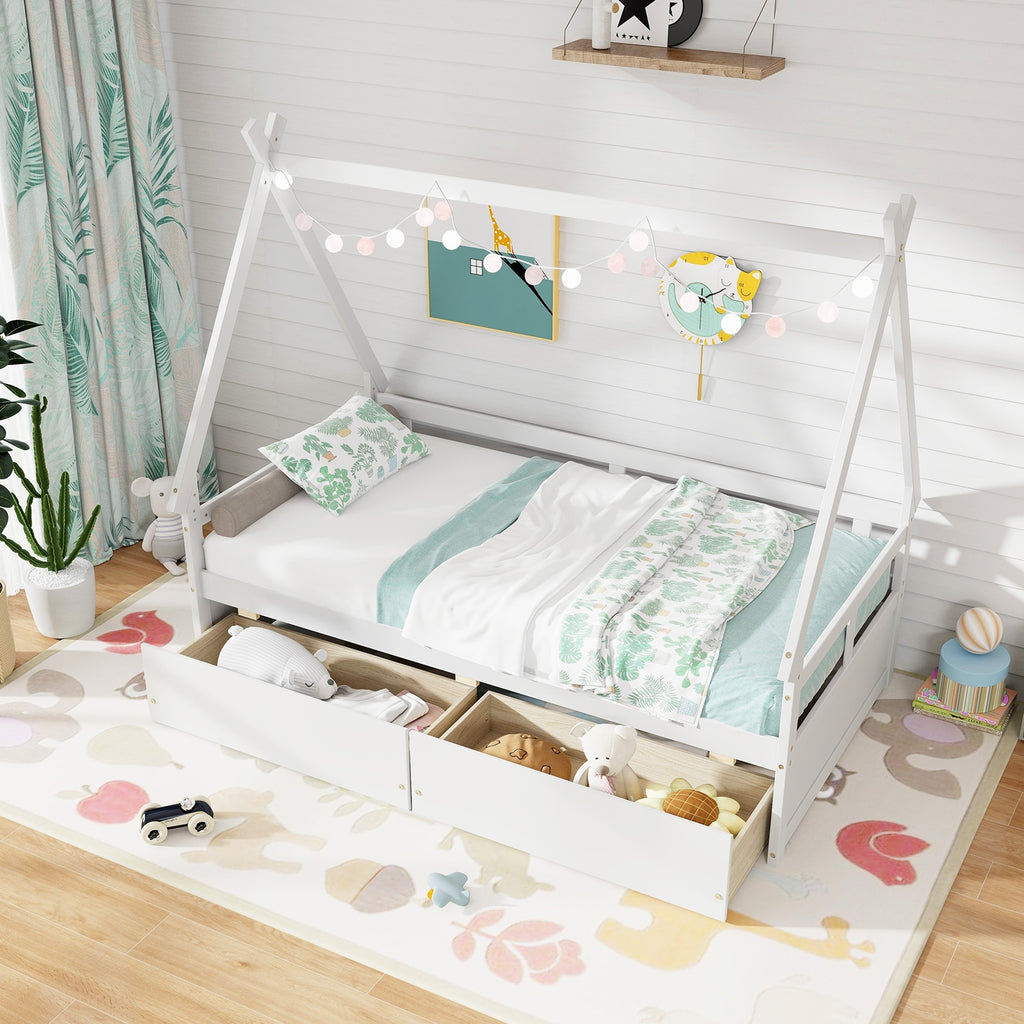 Twin Size House Bed with Roof and Safety Guardrail-White