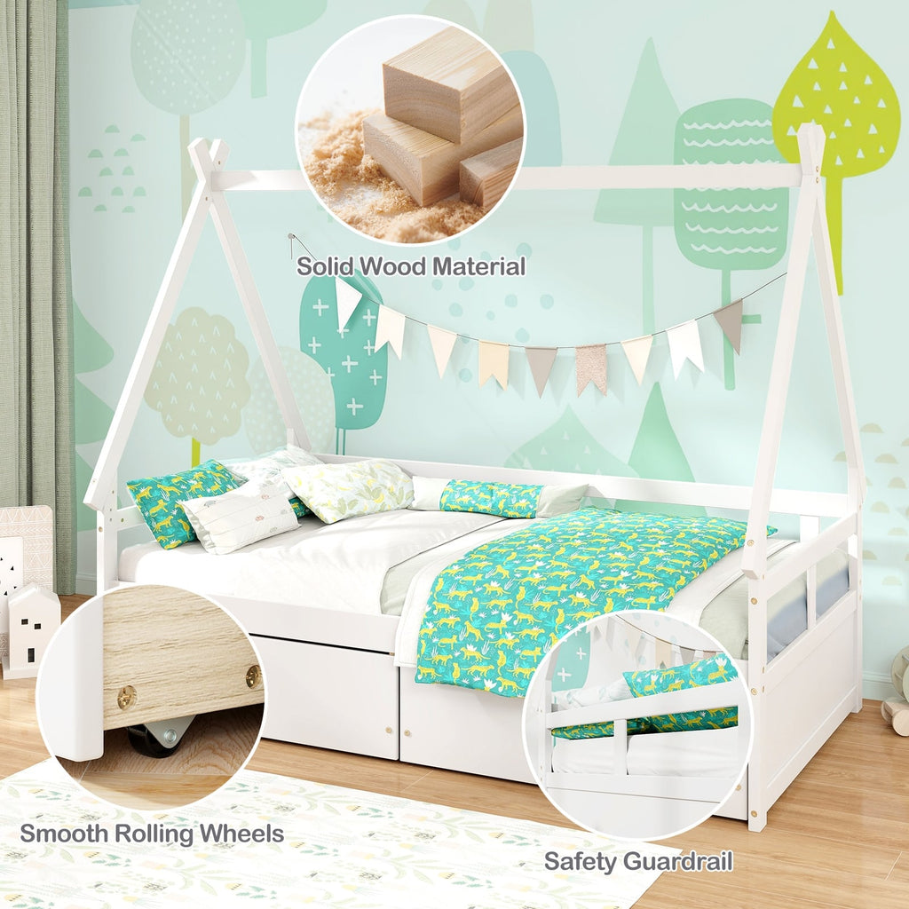 Twin Size House Bed with Roof and Safety Guardrail-White
