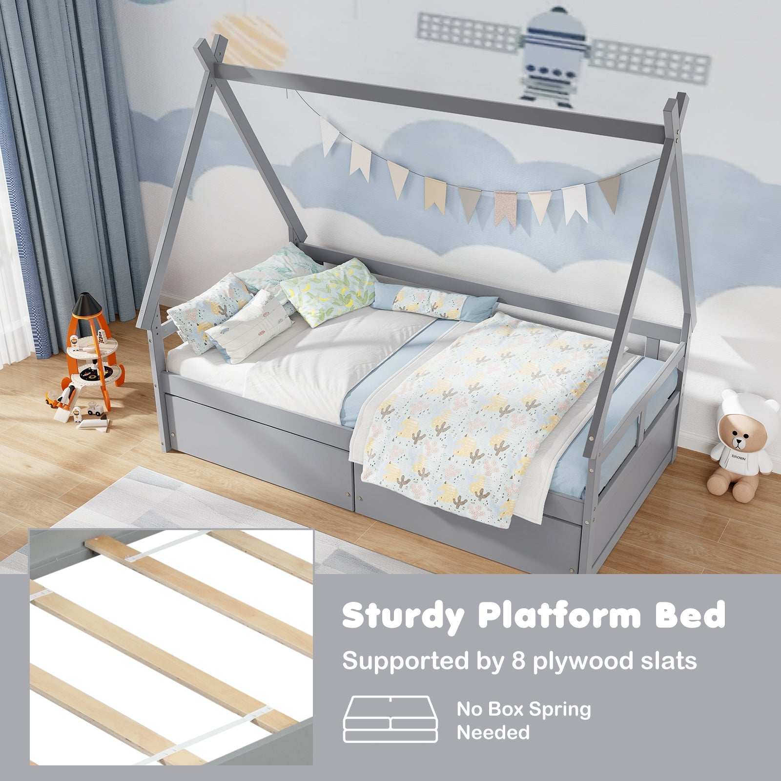 Twin Size House Bed with Roof and Safety Guardrail-Gray