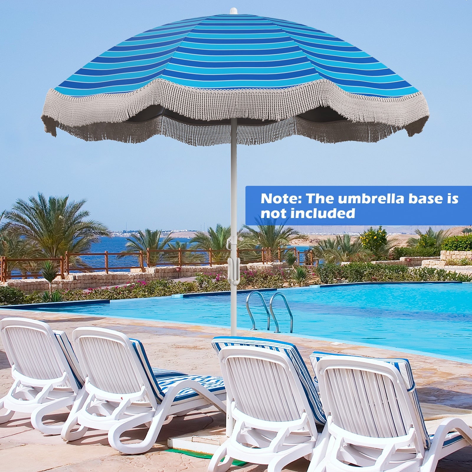 6.5 FT Beach Umbrella with Fringe Outdoor Tassel Umbrella with Push Button Tilt-Navy