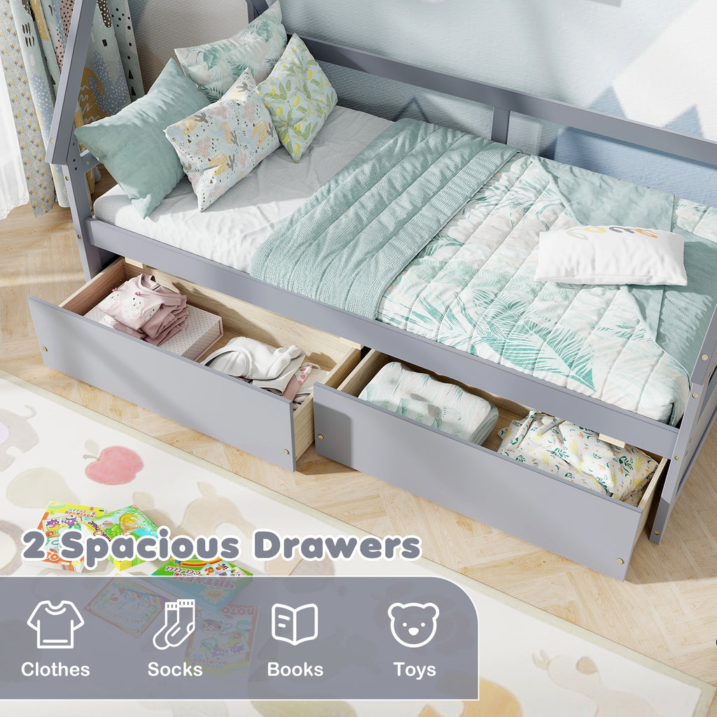 Twin Size House Bed with Roof and Safety Guardrail-Gray