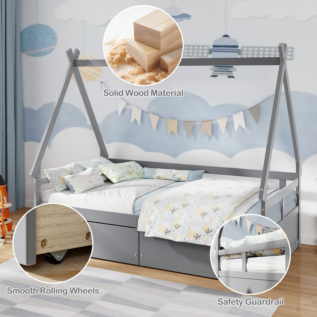 Twin Size House Bed with Roof and Safety Guardrail-Gray