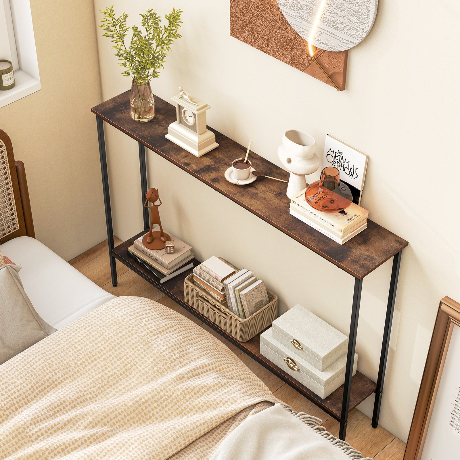 44 Inch Console Table with Shelf with Dual Anti-Tipping Kits-Rustic Brown