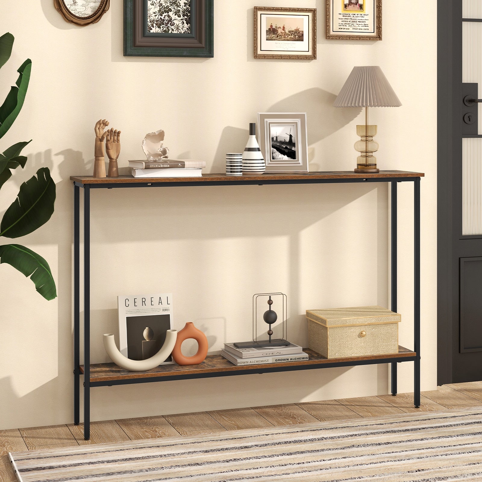 44 Inch Console Table with Shelf with Dual Anti-Tipping Kits-Rustic Brown