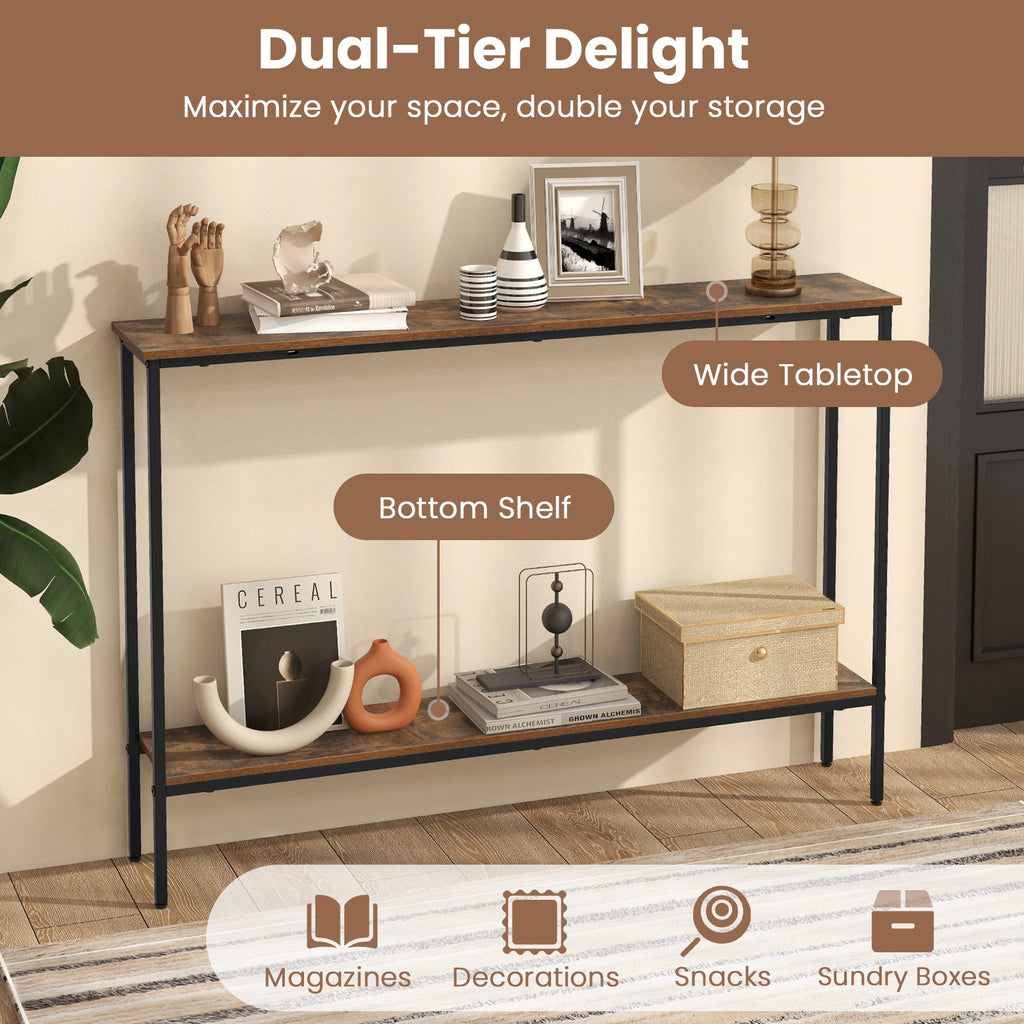 44 Inch Console Table with Shelf with Dual Anti-Tipping Kits-Rustic Brown