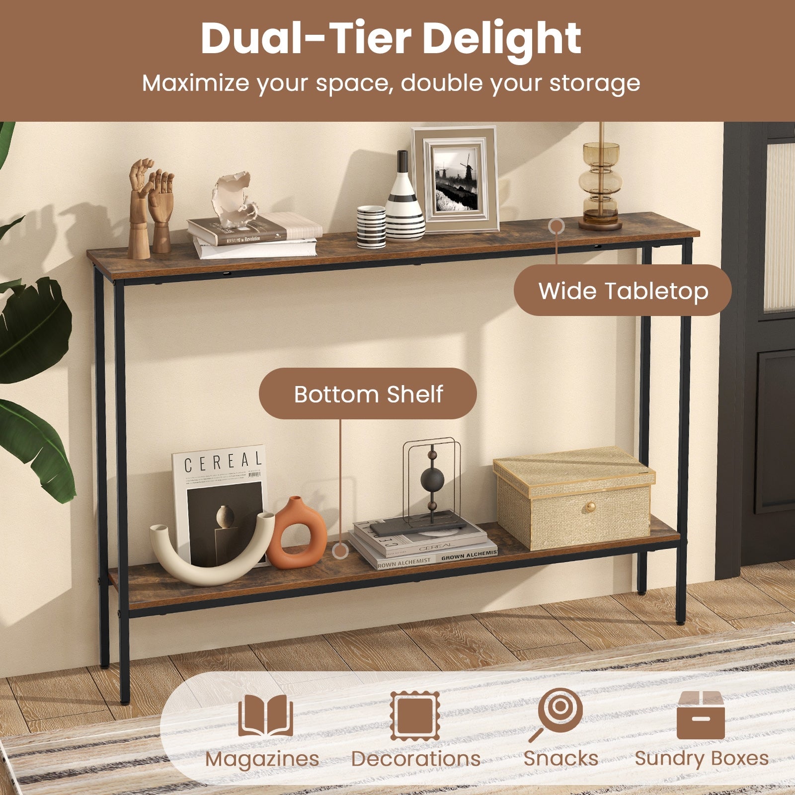 44 Inch Console Table with Shelf with Dual Anti-Tipping Kits-Rustic Brown