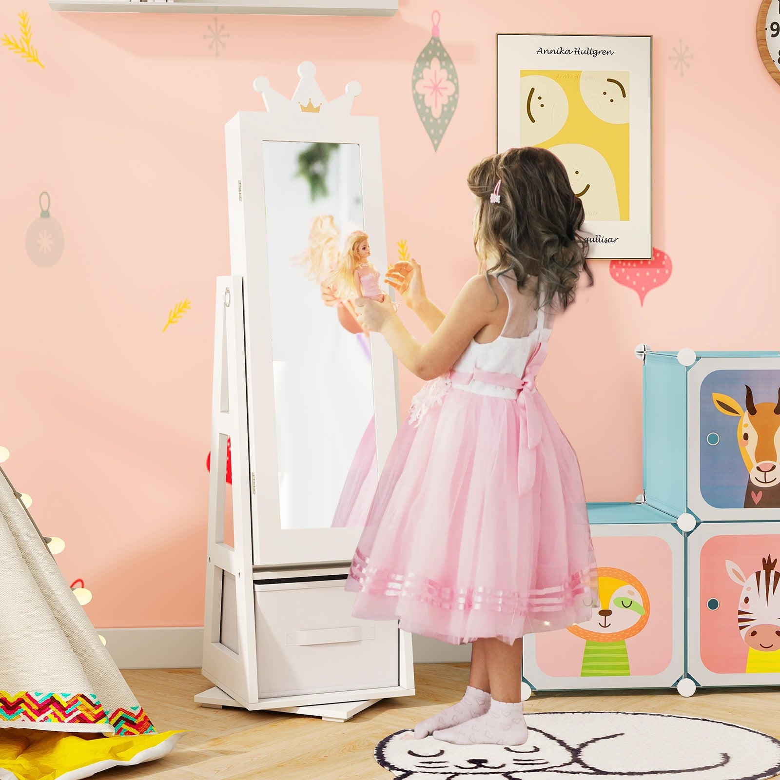 Kids Jewelry Armoire Cabinet with Large Storage Capacity and Swivel Base-White