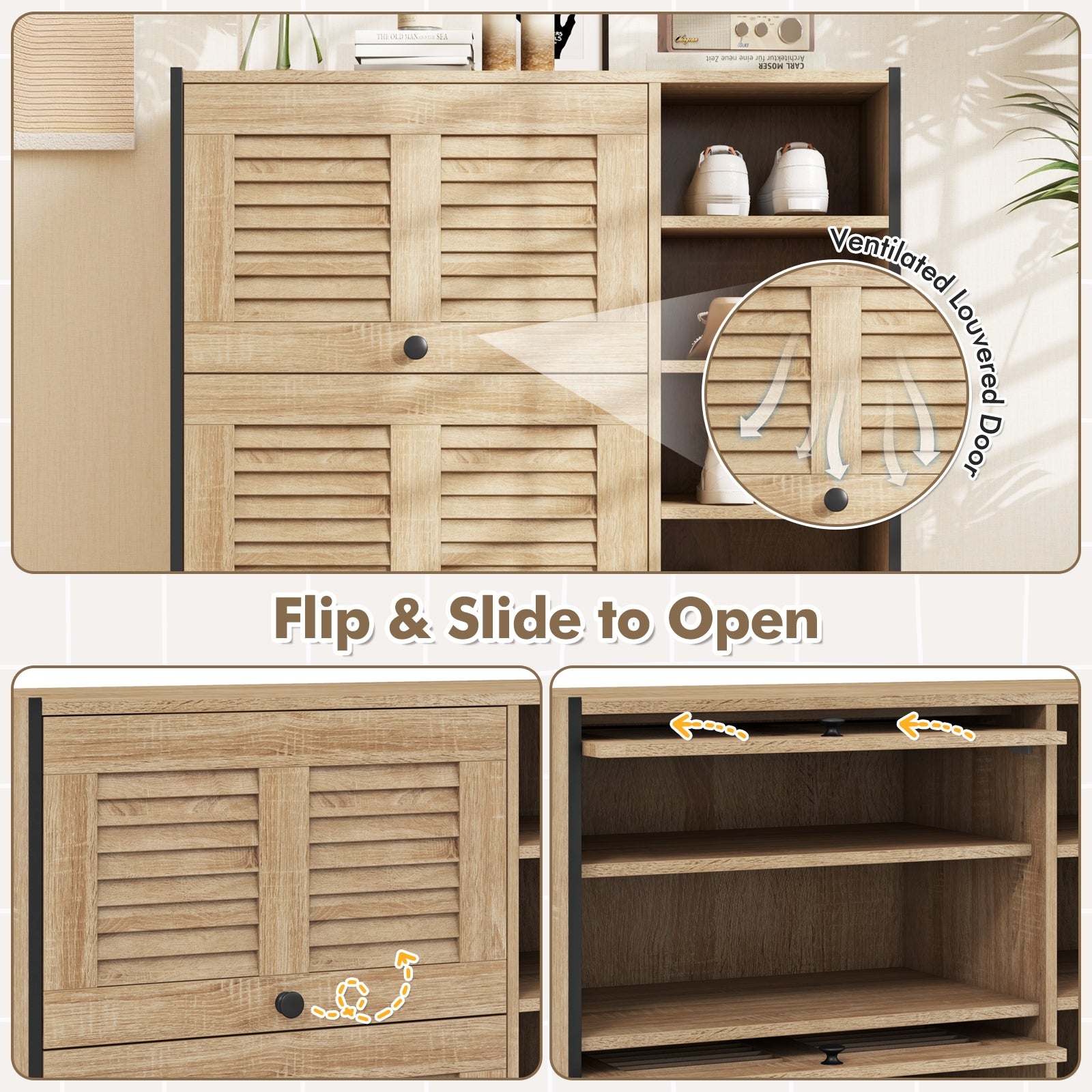 Shoe Rack Organizer with Flip-up See-through Doors and Adjustable Shelves-Oak