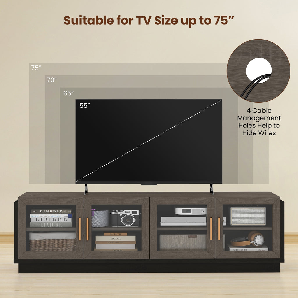 Large TV Stand for TVs up to 75 Inch with 4 Tempered Glass Doors for Living Room-Gray