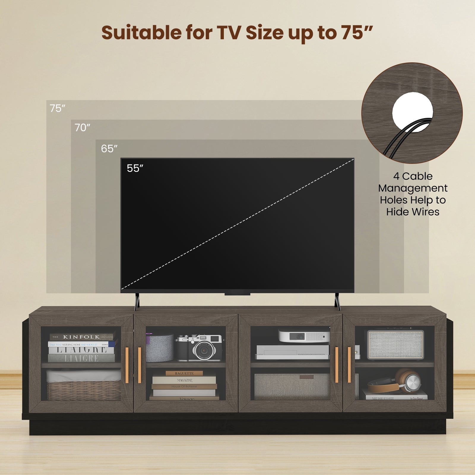 Large TV Stand for TVs up to 75 Inch with 4 Tempered Glass Doors for Living Room-Gray