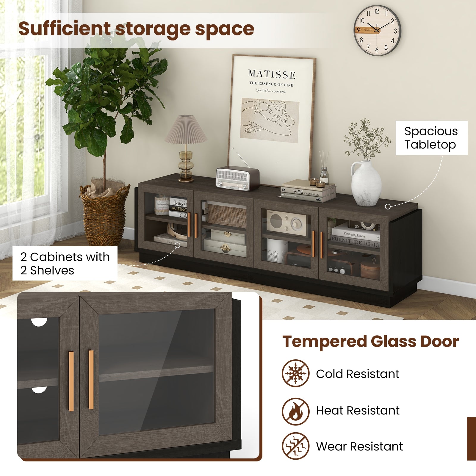 Large TV Stand for TVs up to 75 Inch with 4 Tempered Glass Doors for Living Room-Gray