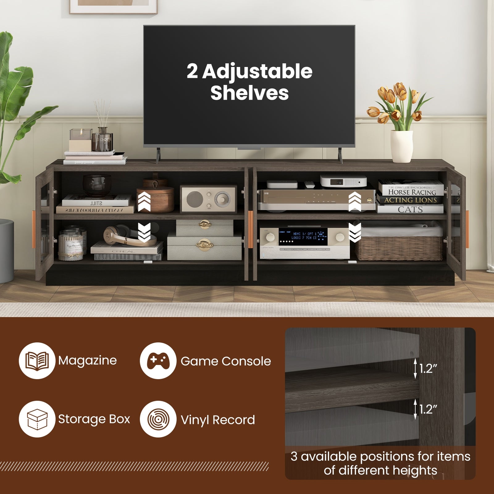 Large TV Stand for TVs up to 75 Inch with 4 Tempered Glass Doors for Living Room-Gray