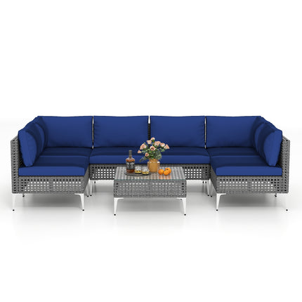 7 Piece Outdoor Furniture Set Wicker  Chairs with Tempered Glass Coffee Table-Navy
