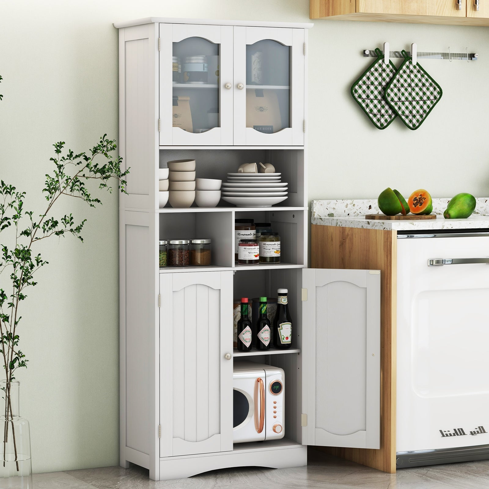 58.5 Inch Freestanding Linen Bathroom Storage Cabinet with Frost Glass Doors-White