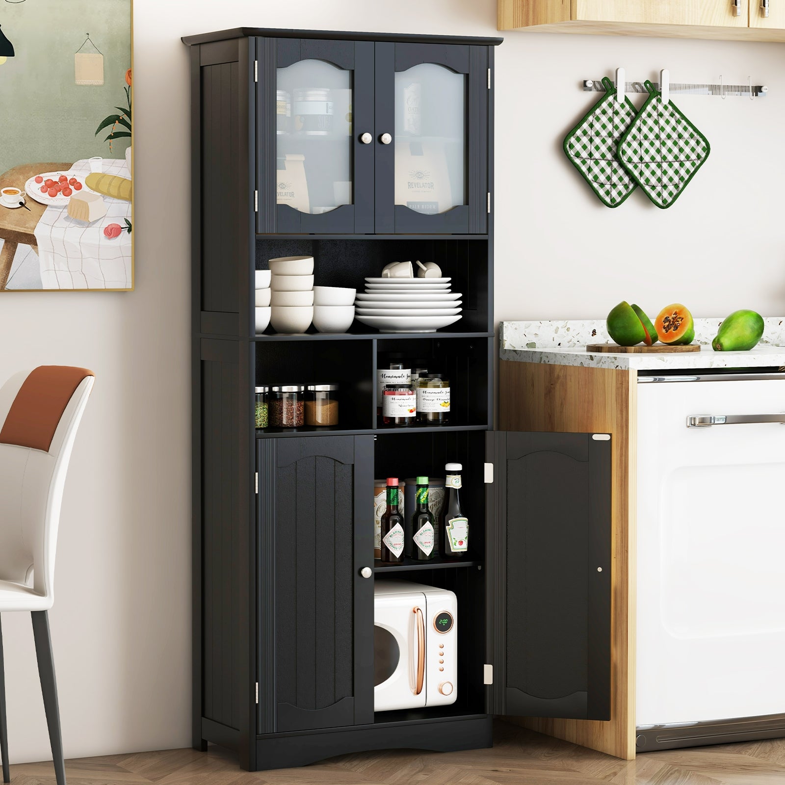 58.5 Inch Freestanding Linen Bathroom Storage Cabinet with Frost Glass Doors-Black