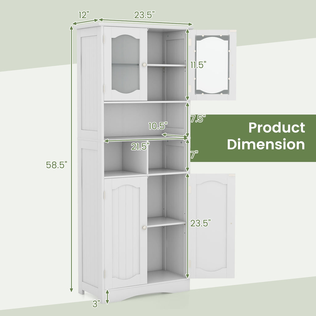 58.5 Inch Freestanding Linen Bathroom Storage Cabinet with Frost Glass Doors-White