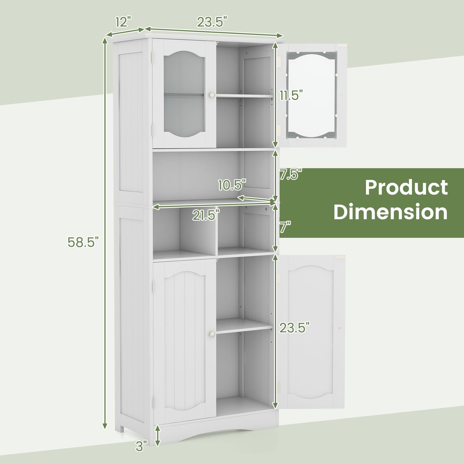 58.5 Inch Freestanding Linen Bathroom Storage Cabinet with Frost Glass Doors-White