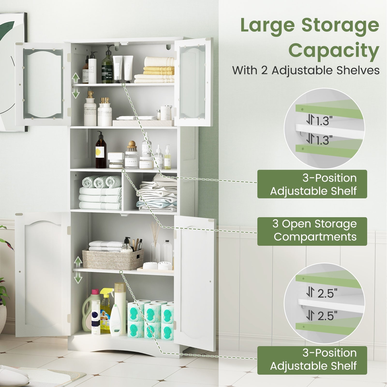 58.5 Inch Freestanding Linen Bathroom Storage Cabinet with Frost Glass Doors-White