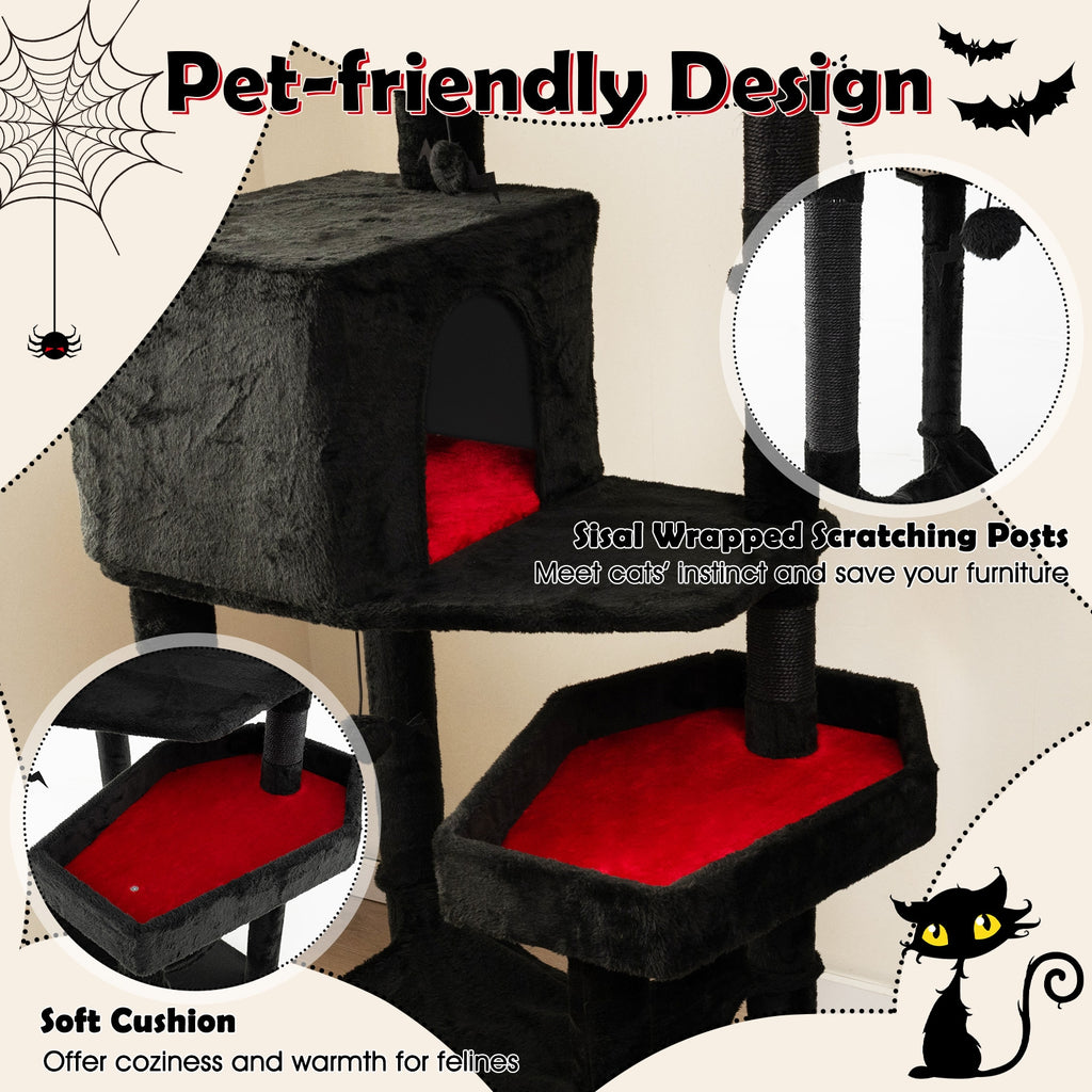 Gothic Cat Tree with 2 Cat Condos and Coffin Bed for Indoor Cats-Black