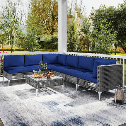 7 Piece Outdoor Furniture Set Wicker  Chairs with Tempered Glass Coffee Table-Navy
