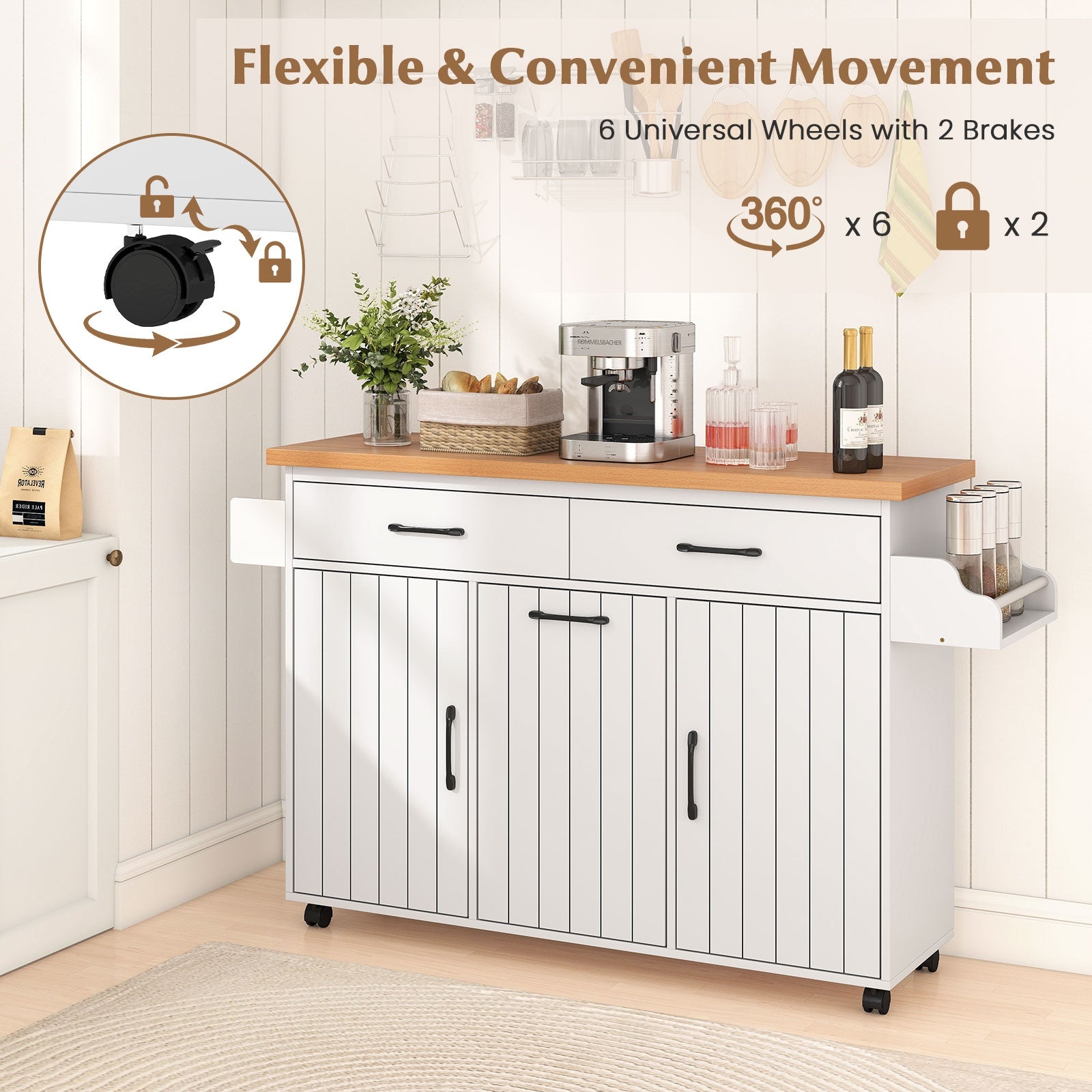 Mobile Kitchen Island Table with Trash Bag Storage for Dining Room-White