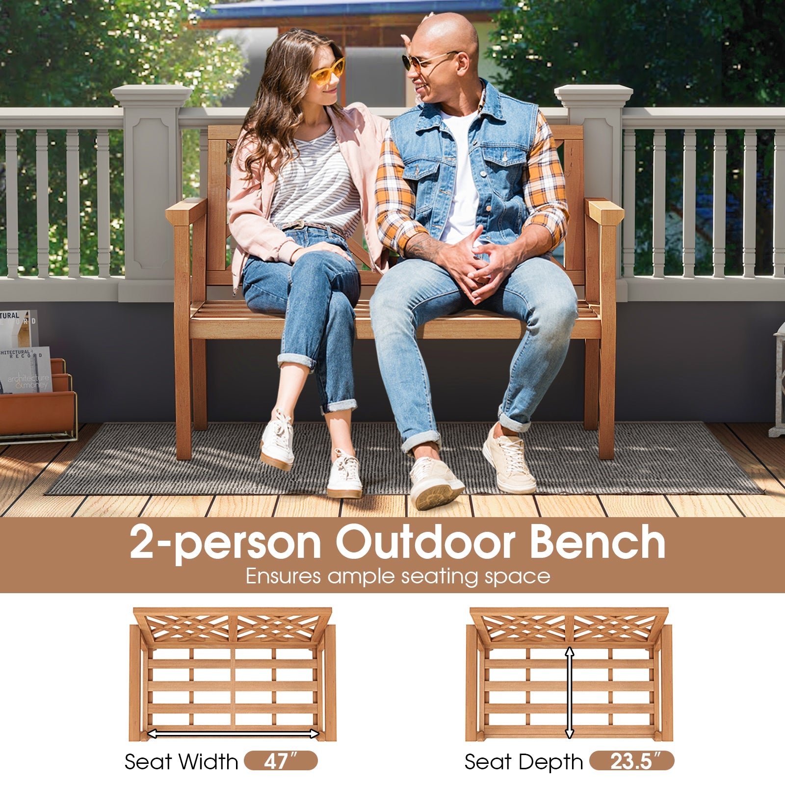 Outdoor Garden Bench 2-Person Teak Wood Bench with Comfy Armrests and Backrest