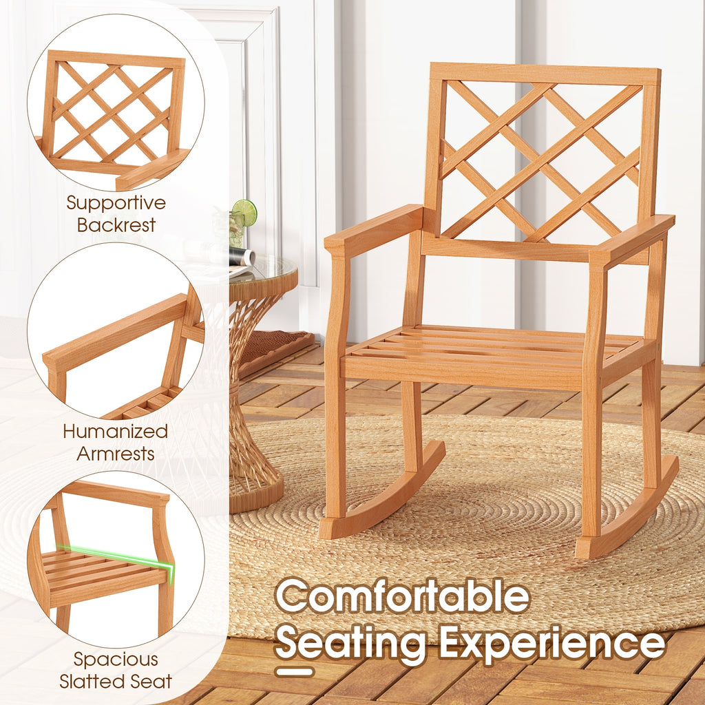 Teak Wood Rocking Chair Oversized Porch Rocker with Backrest and Slatted Seat