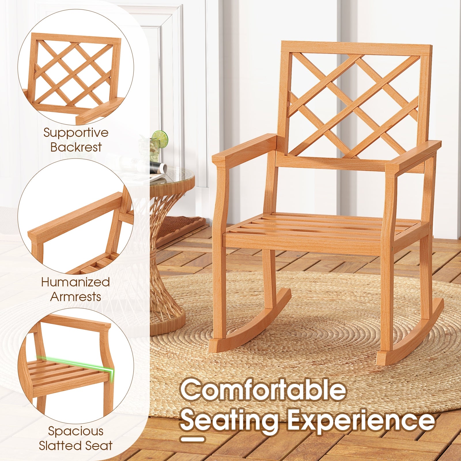 Teak Wood Rocking Chair Oversized Porch Rocker with Backrest and Slatted Seat