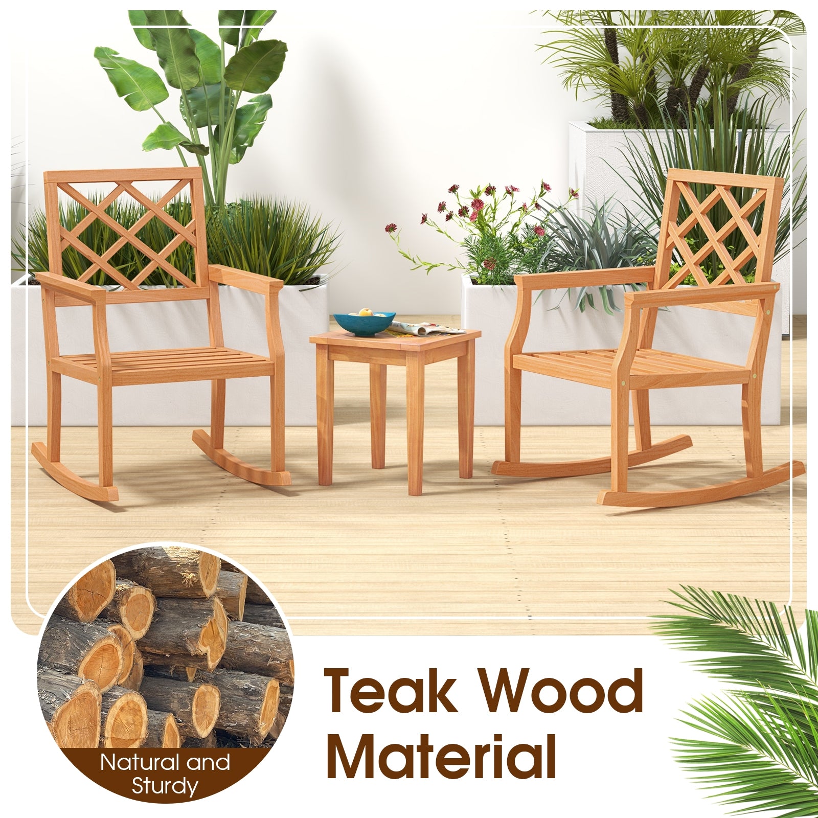Teak Wood Rocking Chair Oversized Porch Rocker with Backrest and Slatted Seat