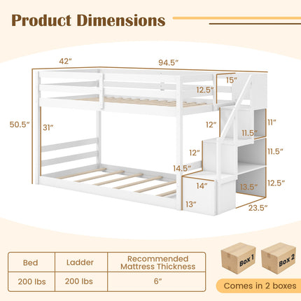 Twin Over Twin Low Bunk Bed with Storage Stairs Solid Wood Floor Bunk Bed Frame-White