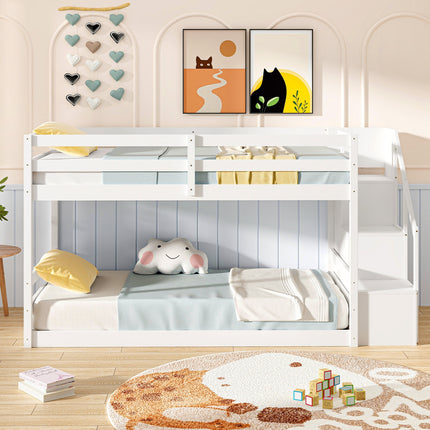Twin Over Twin Low Bunk Bed with Storage Stairs Solid Wood Floor Bunk Bed Frame-White