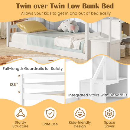 Twin Over Twin Low Bunk Bed with Storage Stairs Solid Wood Floor Bunk Bed Frame-White
