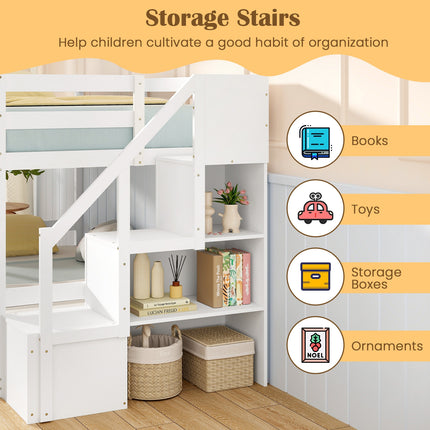 Twin Over Twin Low Bunk Bed with Storage Stairs Solid Wood Floor Bunk Bed Frame-White