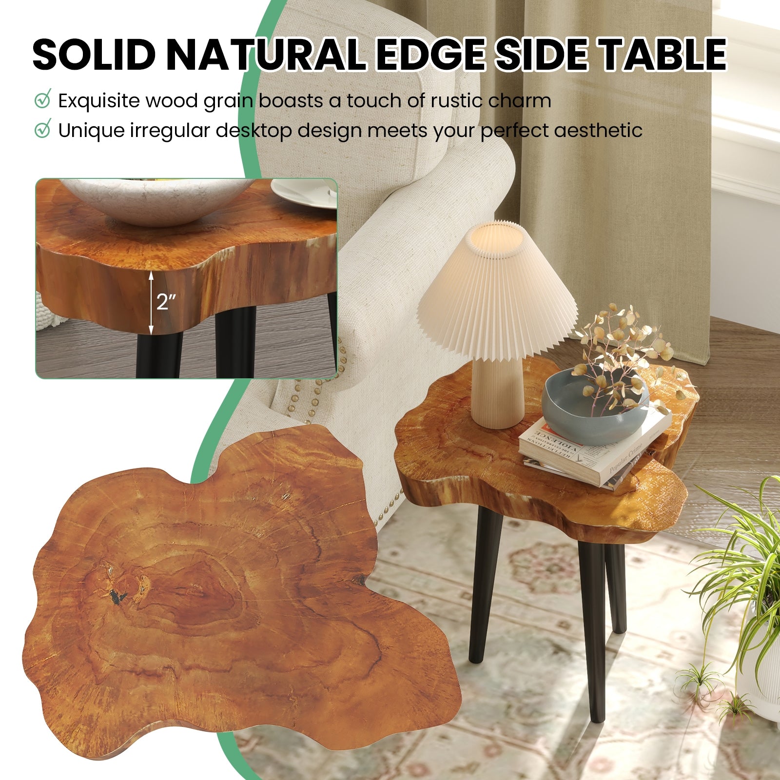 Irregular Solid Teak Wood End Table with Mahogany Tapered Legs