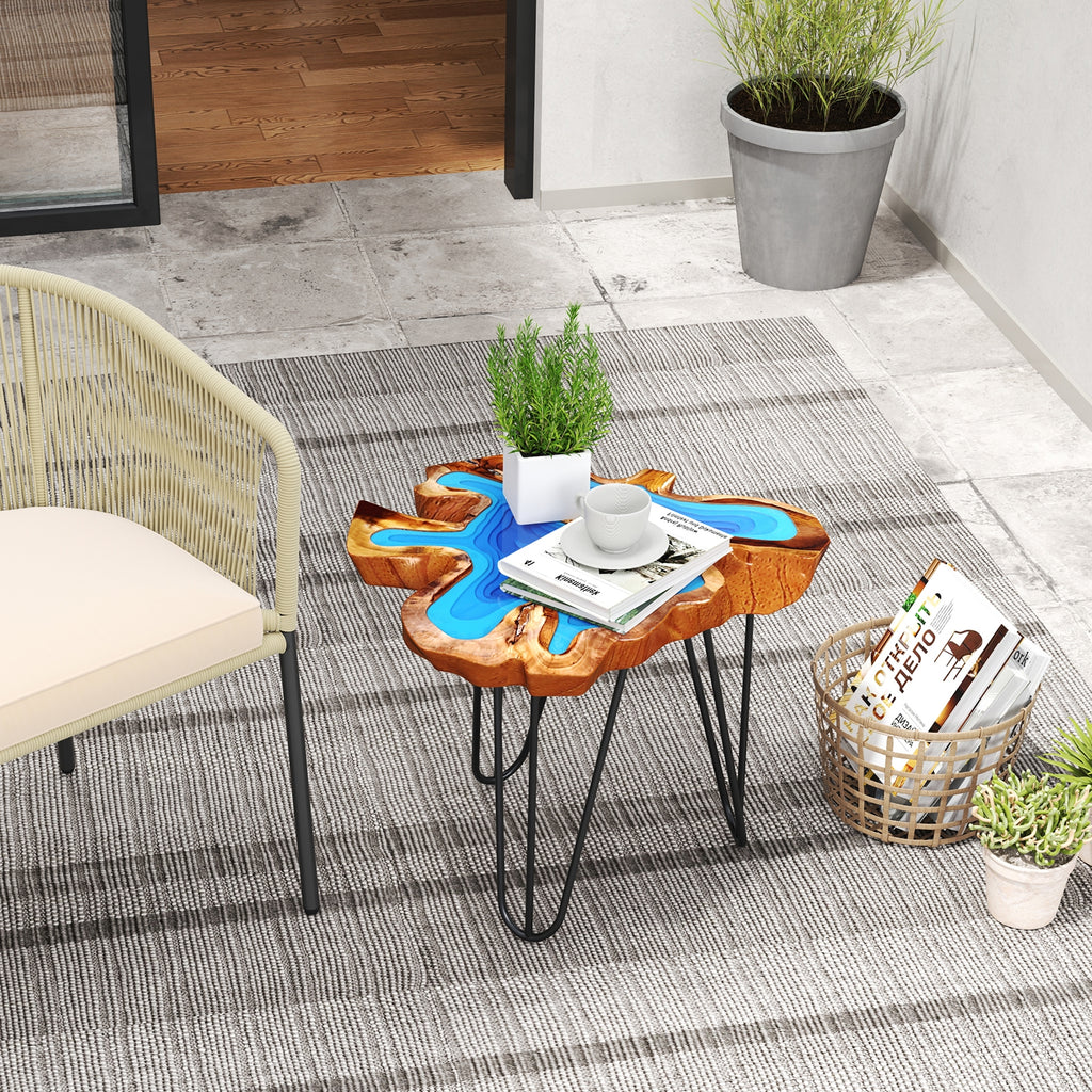 21 Inch Outdoor Epoxy Resin Teak Wood End Table with Irregular Tabletop