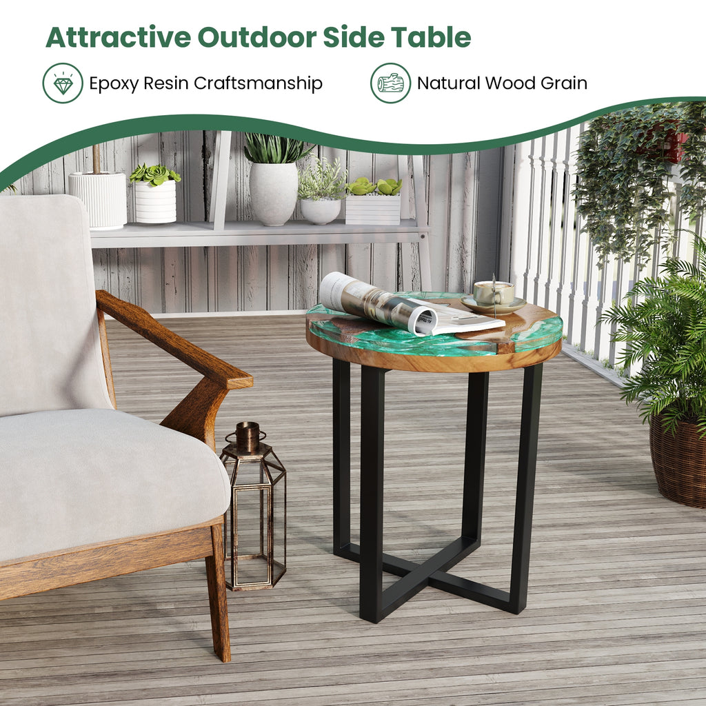 Solid Live Edge Round Teak Wood Outdoor End Table with Epoxy Resin Tabletop