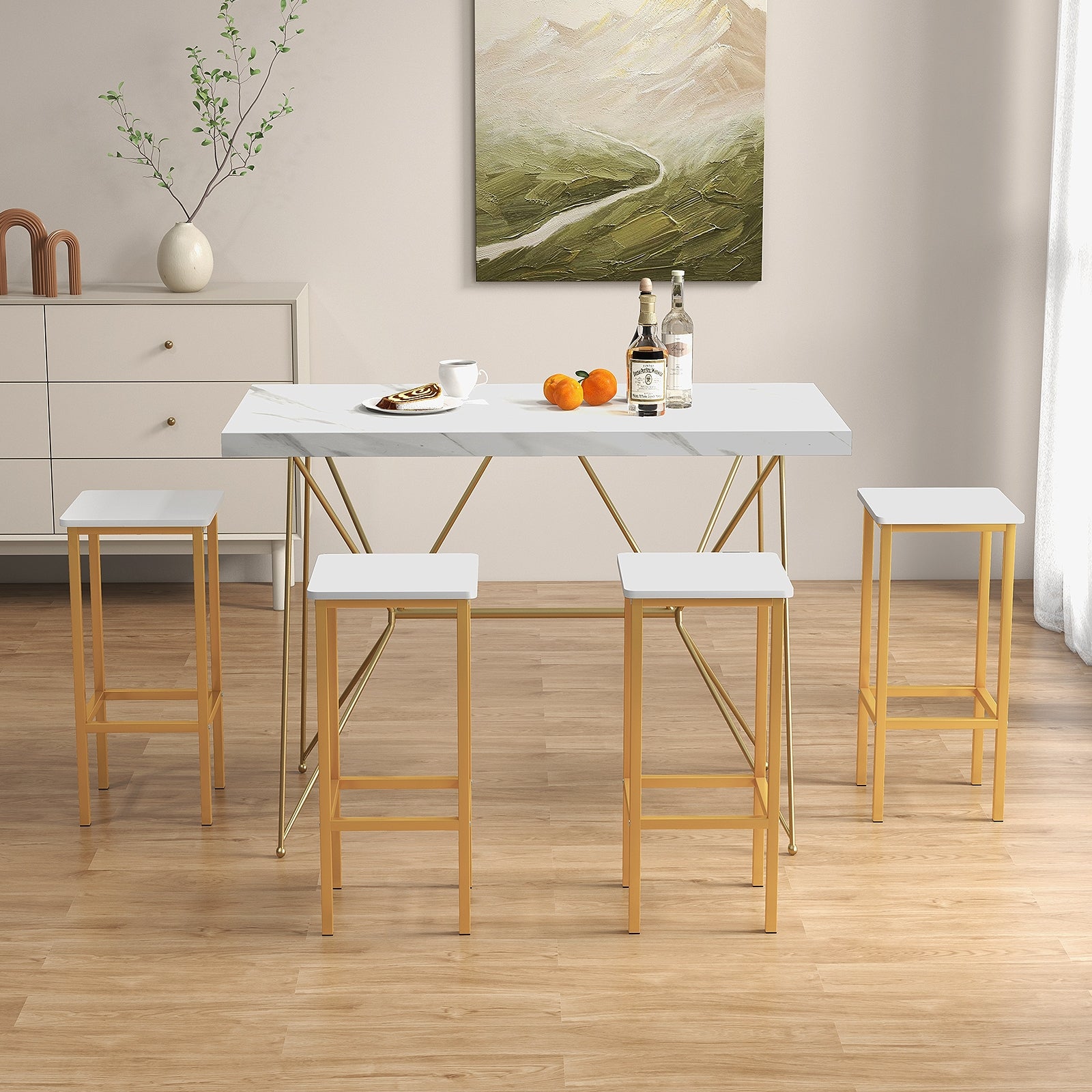 Set of 4 Bar Stool Set 26 Inch Bar Chair with Metal Legs and Footrest-White