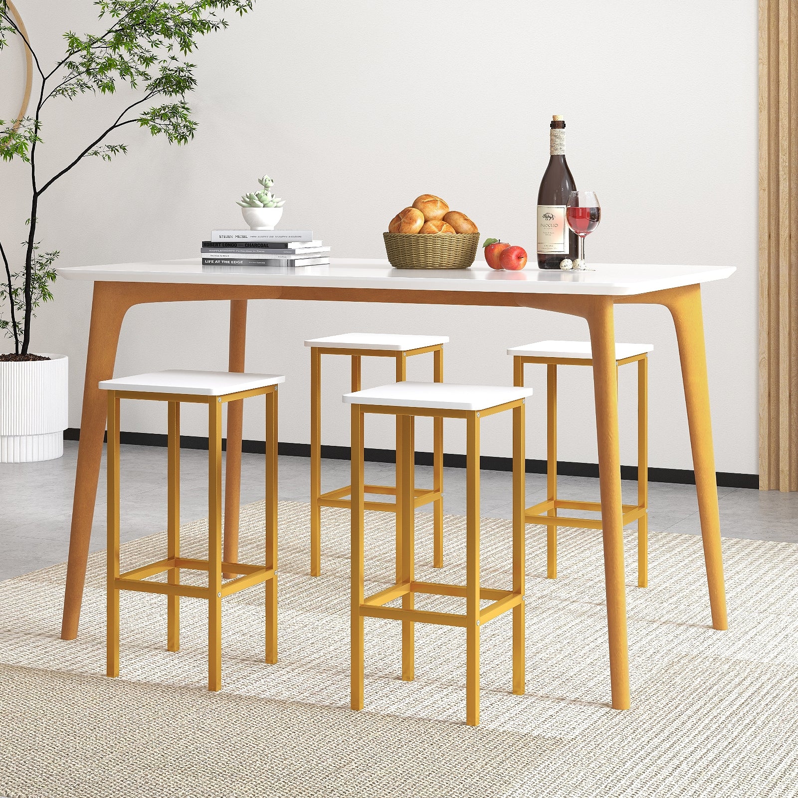 Set of 4 Bar Stool Set 26 Inch Bar Chair with Metal Legs and Footrest-White