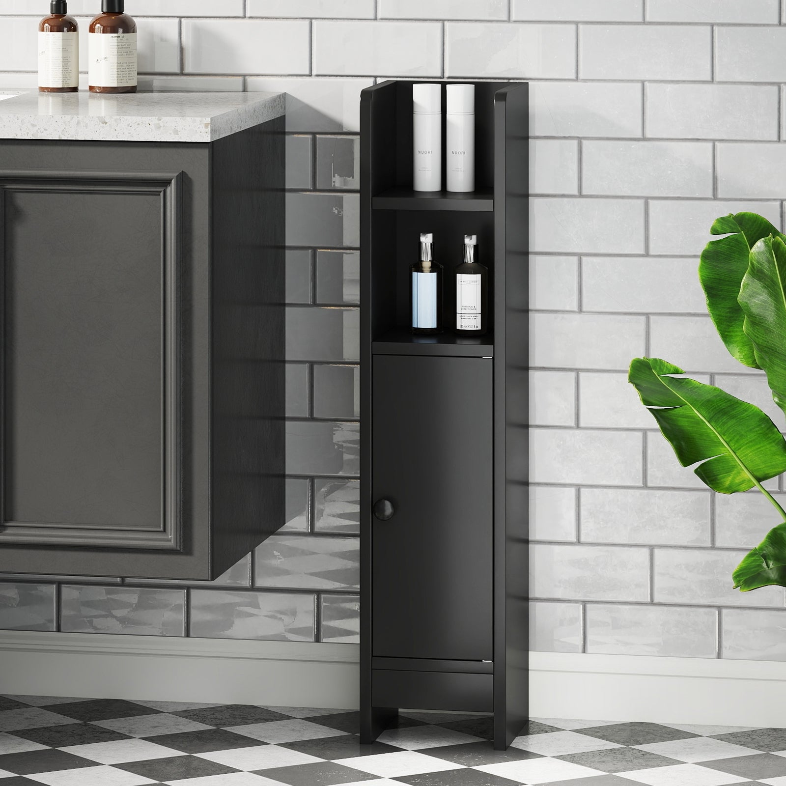 Bathroom Slim Cabinet Corner with Door and Adjustable Shelf-Black